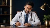 A doctor writing a prescription at a clinic desk